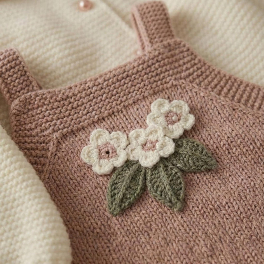 Crochet Baby Outfit Set – Floral Embroidery Cardigan & Overalls | Nestboria
