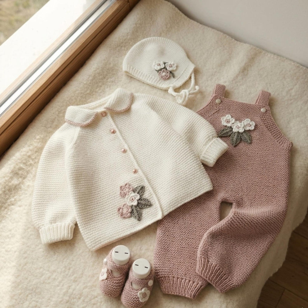 Crochet Baby Outfit Set – Floral Embroidery Cardigan & Overalls | Nestboria