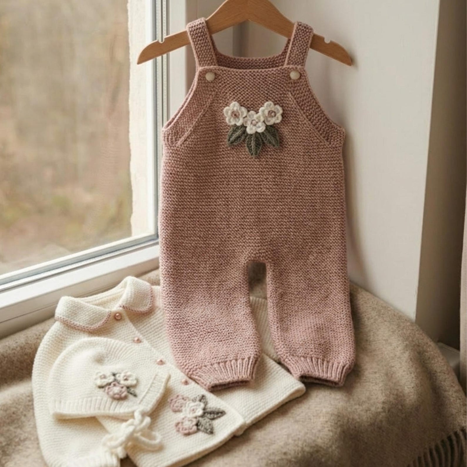 Crochet Baby Outfit Set – Floral Embroidery Cardigan & Overalls | Nestboria