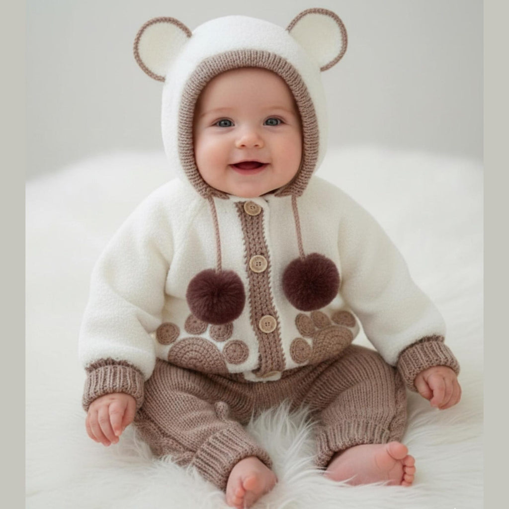 Handmade Baby Bear Crochet Outfit Set – Neutral Teddy Hoodie & Romper | Nestboria