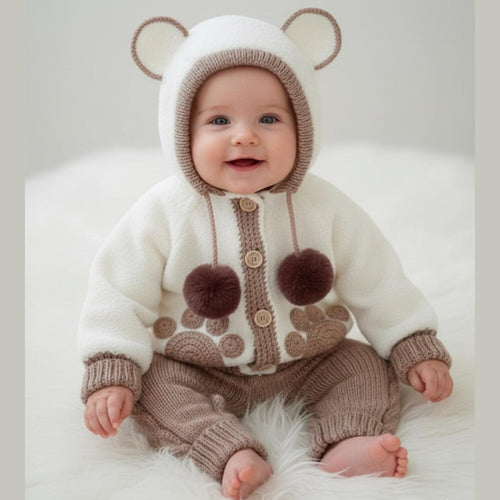 Handmade Baby Bear Crochet Outfit Set – Neutral Teddy Hoodie & Romper | Nestboria