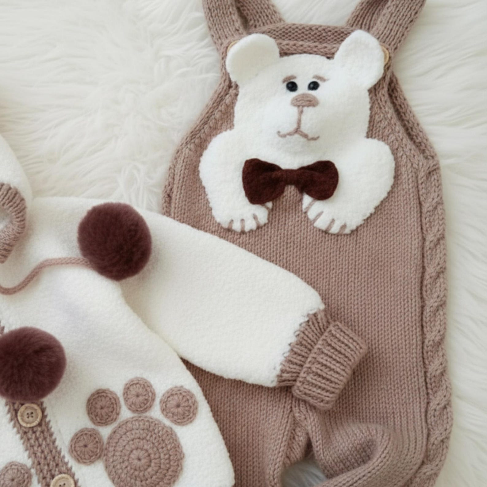 Handmade Baby Bear Crochet Outfit Set – Neutral Teddy Hoodie & Romper | Nestboria