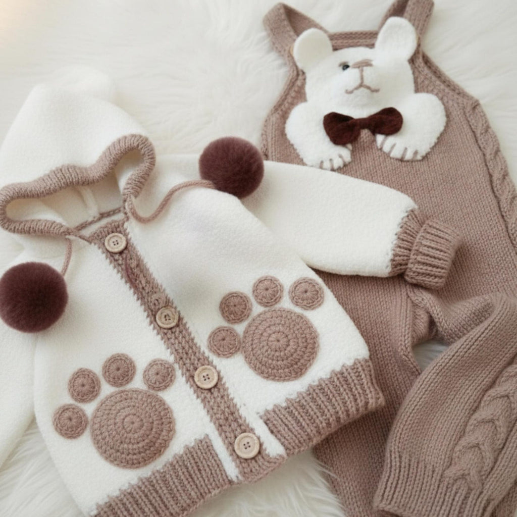 Handmade Baby Bear Crochet Outfit Set – Neutral Teddy Hoodie & Romper | Nestboria