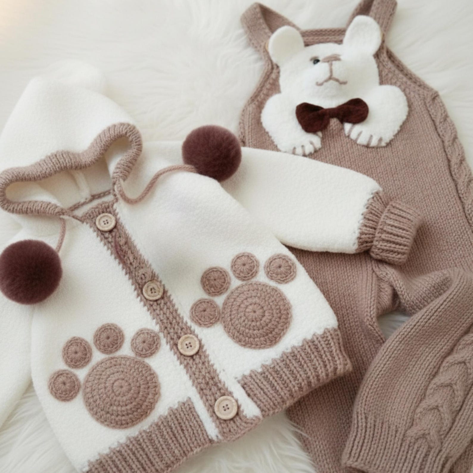 Handmade Baby Bear Crochet Outfit Set – Neutral Teddy Hoodie & Romper | Nestboria