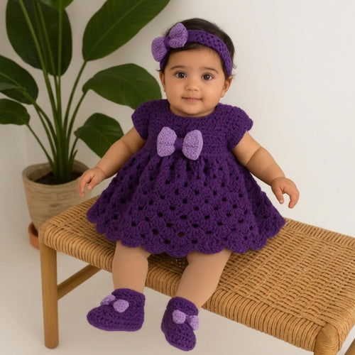 Handmade Crochet Baby Girl Dress Set – Dress, Booties & Bow Headband | Nestboria