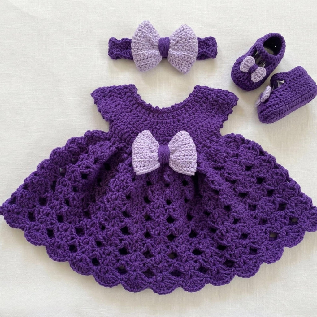 Handmade Crochet Baby Girl Dress Set – Dress, Booties & Bow Headband | Nestboria