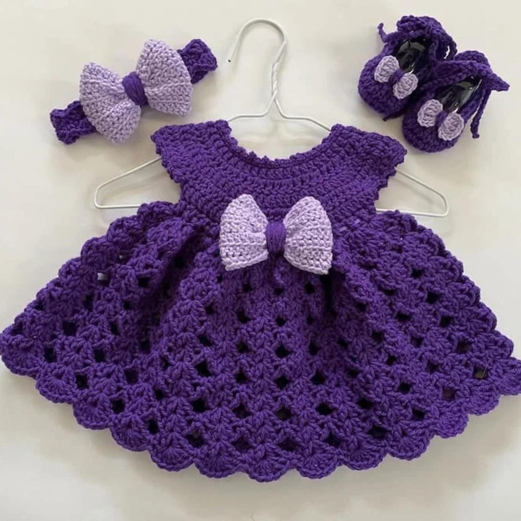 Handmade Crochet Baby Girl Dress Set – Dress, Booties & Bow Headband | Nestboria
